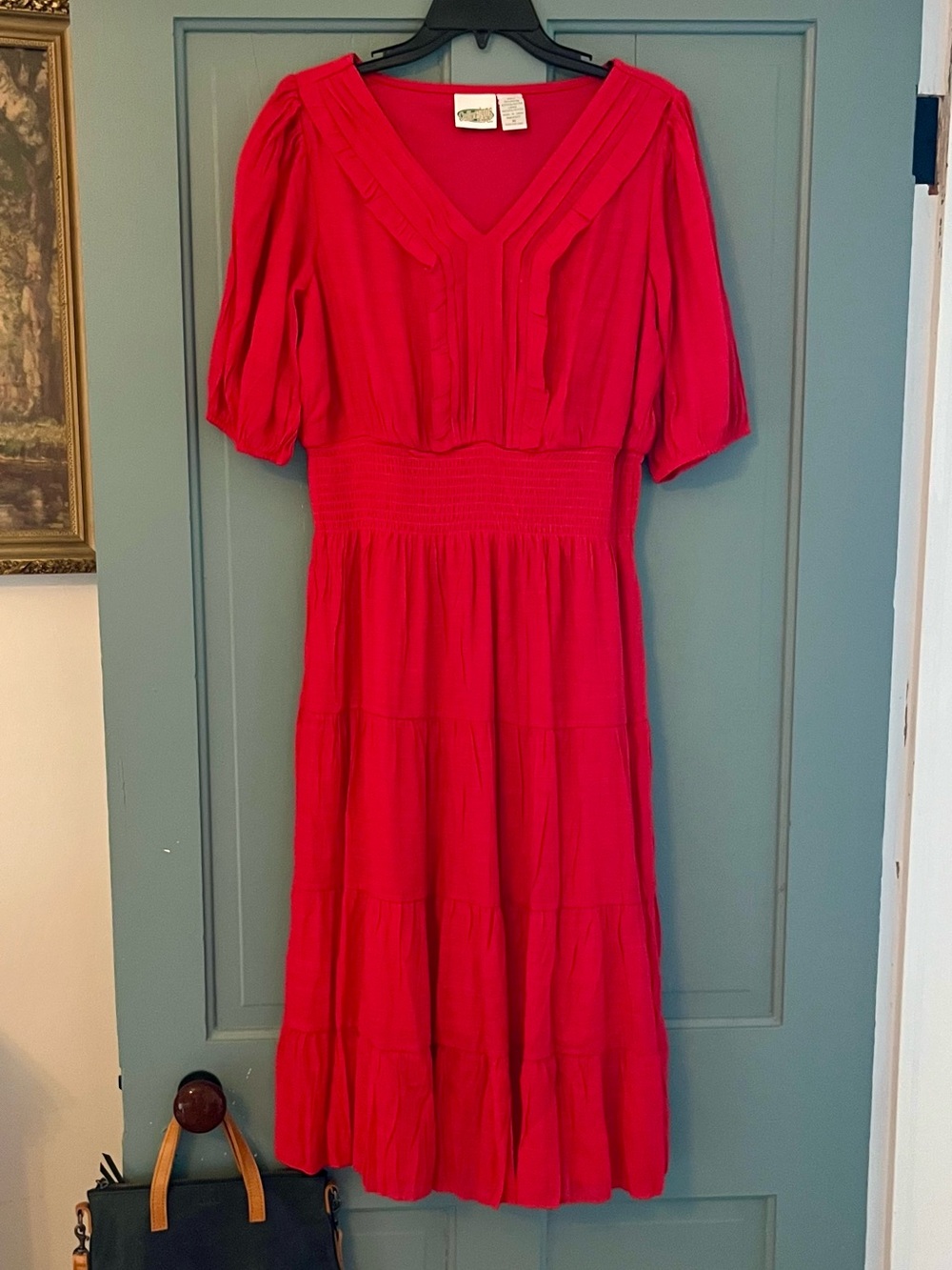 Red V-Neck Smocked Waist Tiered Midi Dress, NWOT